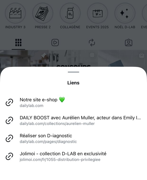 Liens du profil Instagram D-Lab Nutricosmetics, avec « Réaliser son D-iagnostic »