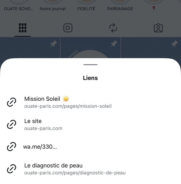 Liens du profil Instagram Ouate, avec « Le diagnostic de peau » en dernière position