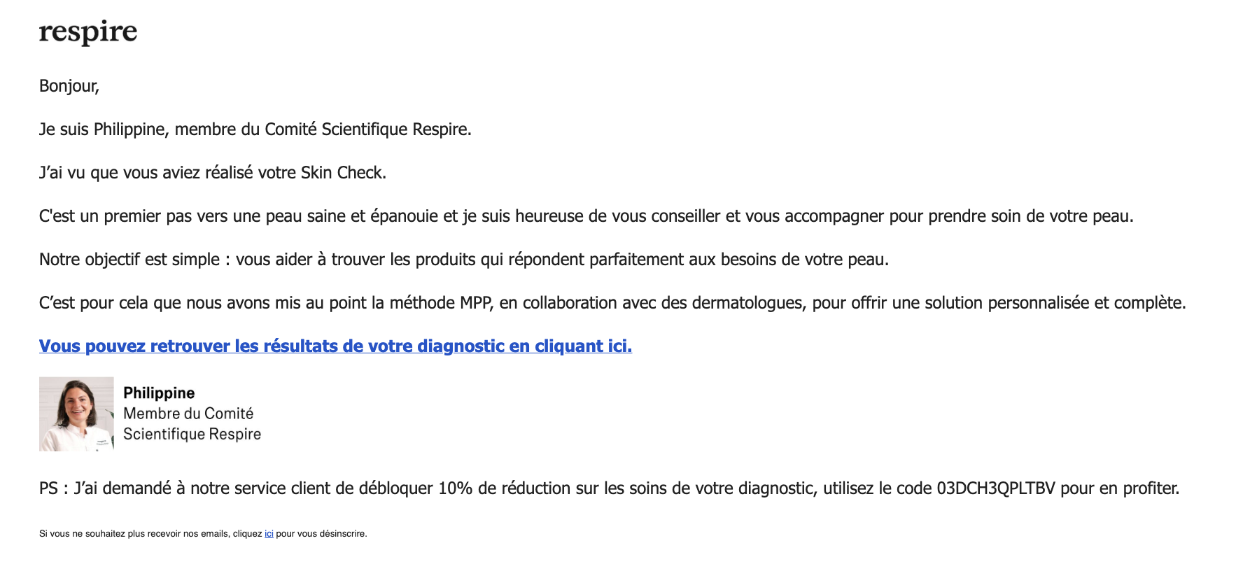 Respire email J+1 : email humain signé Philippine