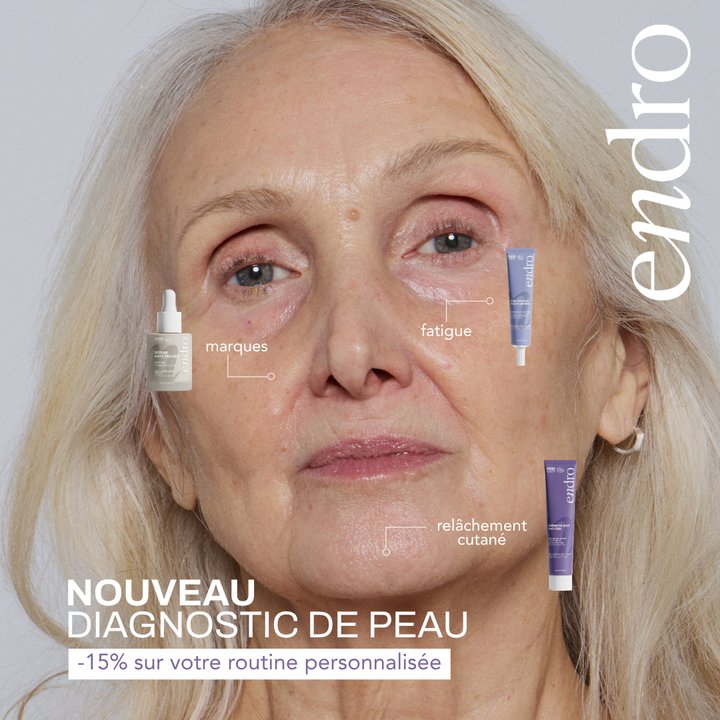 Créa Endro : « Nouveau diagnostic de peau », avec les préoccupations annotées sur le visage
