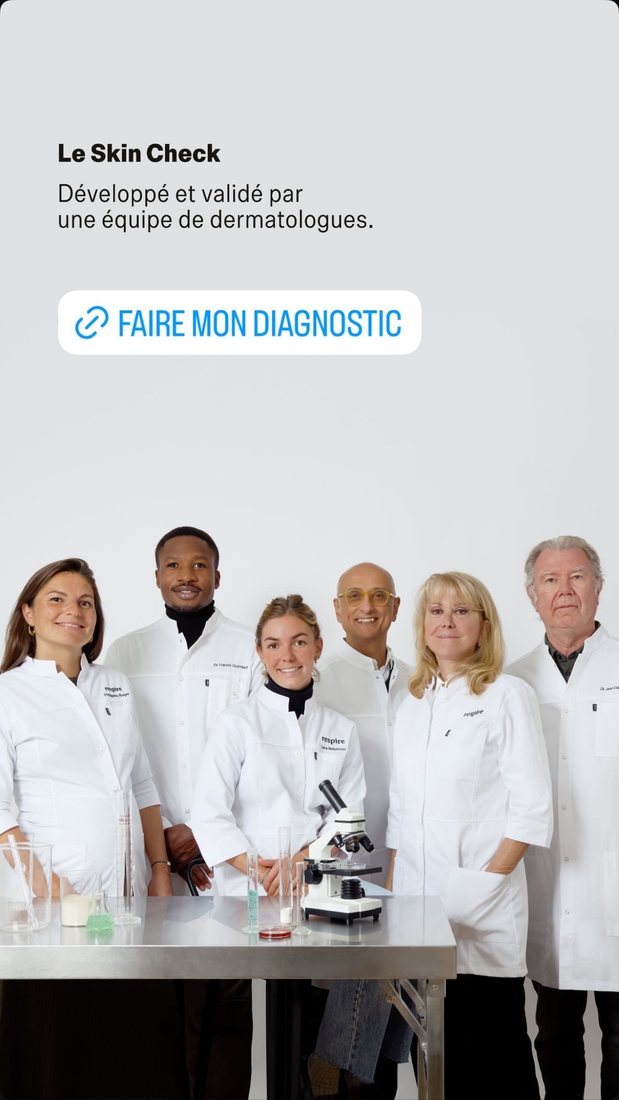 Écran 6 : l'équipe de dermatologues et le sticker lien « Faire mon diagnostic »