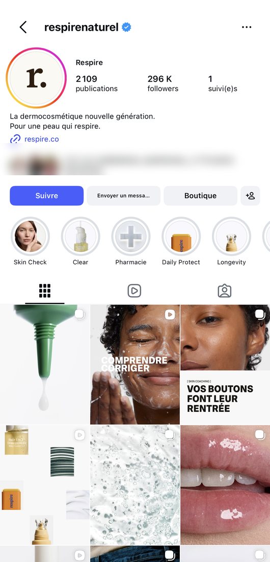 Profil Instagram de Respire, la story à la une « Skin Check » en première position