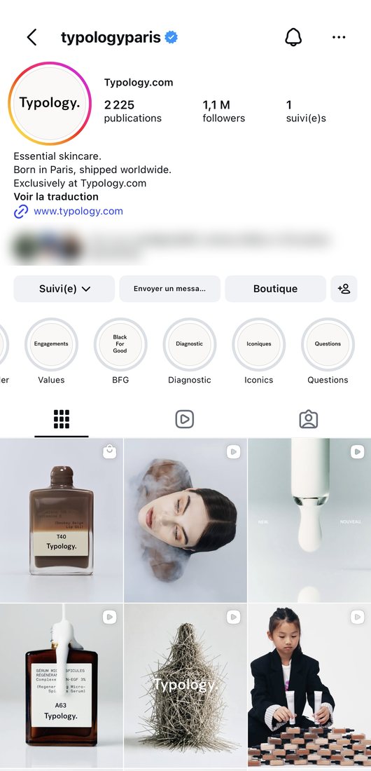 Profil Instagram de Typology, la story à la une « Diagnostic » parmi les autres