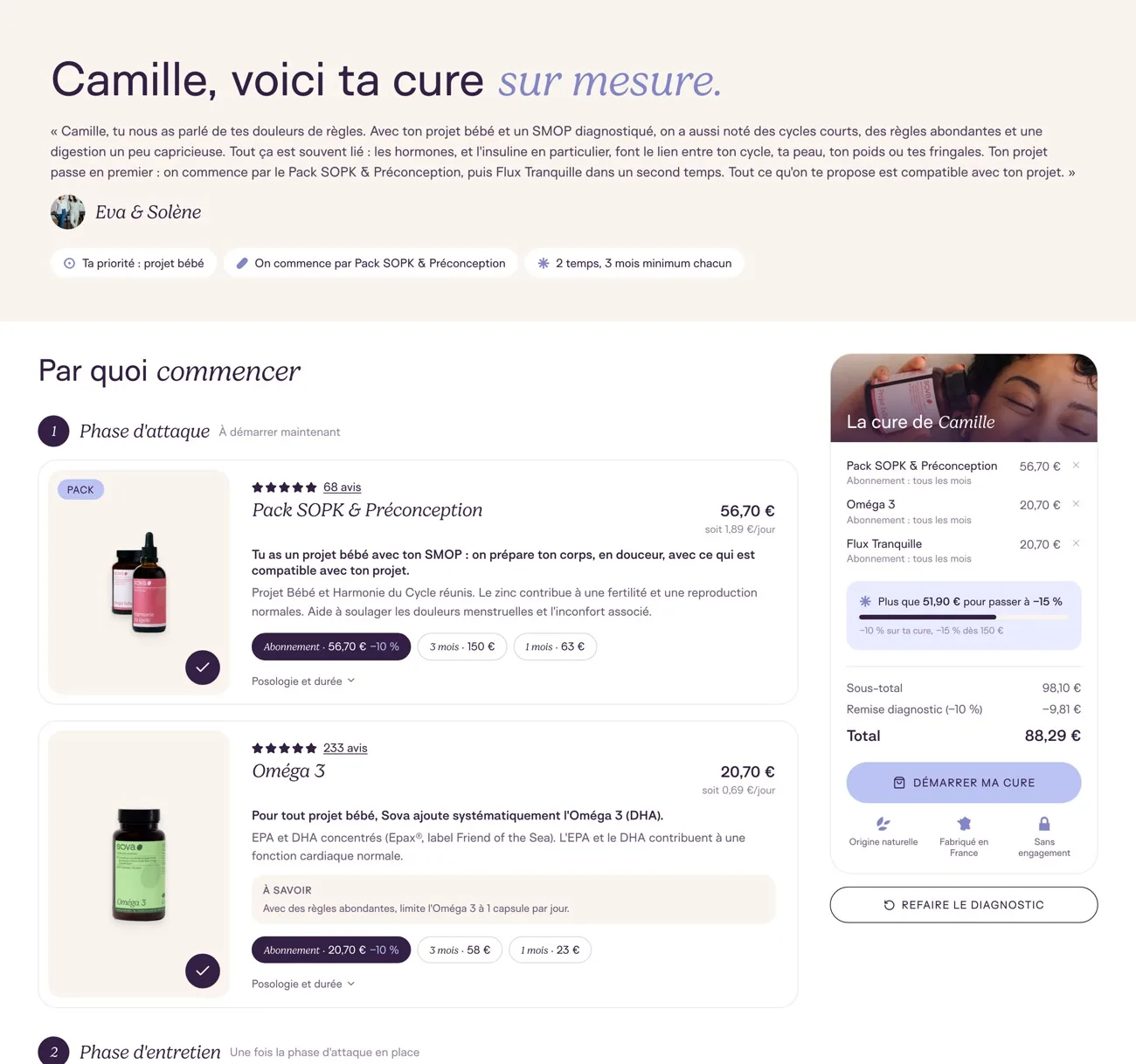 Camille's SOVA results page: Pack SOPK & Préconception and Omega 3