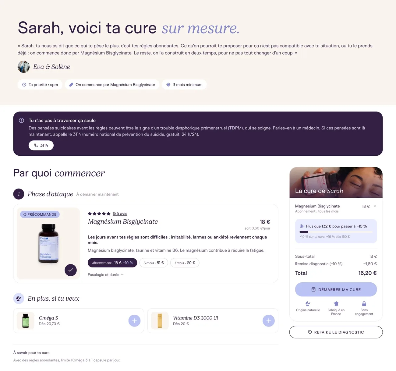 Sarah's SOVA results page: a caring alert and Magnésium Bisglycinate
