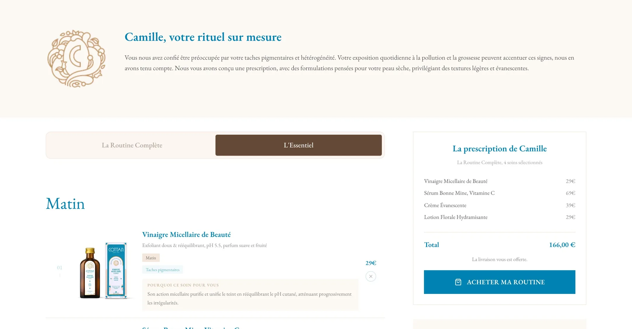 Personalized intro of the Cottan results page