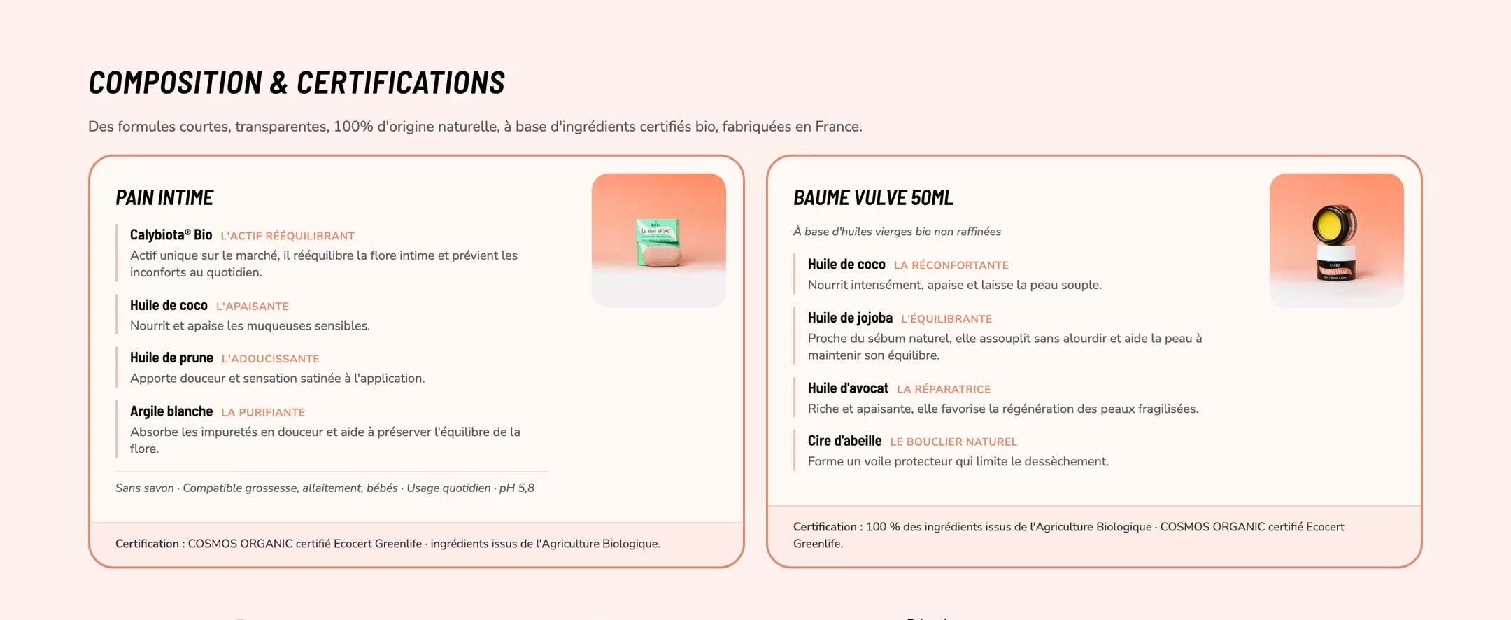 Ingredients and certifications, Baûbo results page