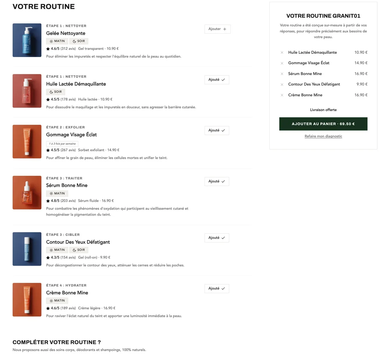 Step-by-step recommended routine and add-on products, Endro results page