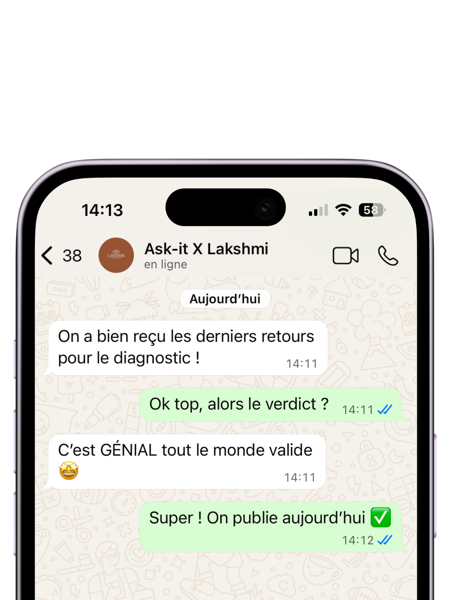 Conversation WhatsApp Ask-it × Lakshmi, validation du diagnostic